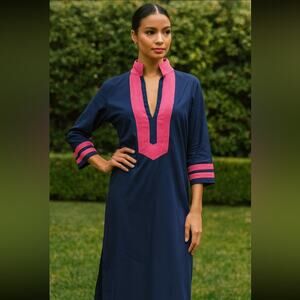 Sail to Sable Classic Caftan Midi Dress Navy With Pink Trim Sz Small Tuckernuck